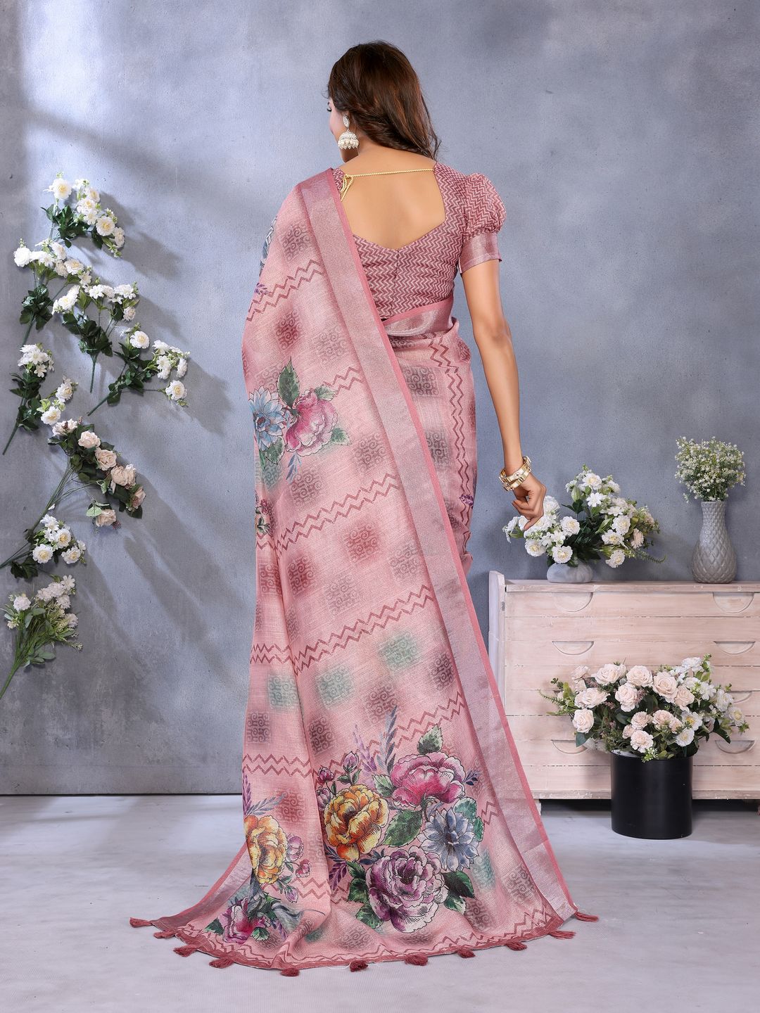 Blush Pink Floral Printed Shimmer Linen Cotton Saree