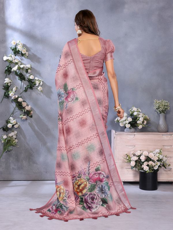 Blush Pink Floral Printed Shimmer Linen Cotton Saree