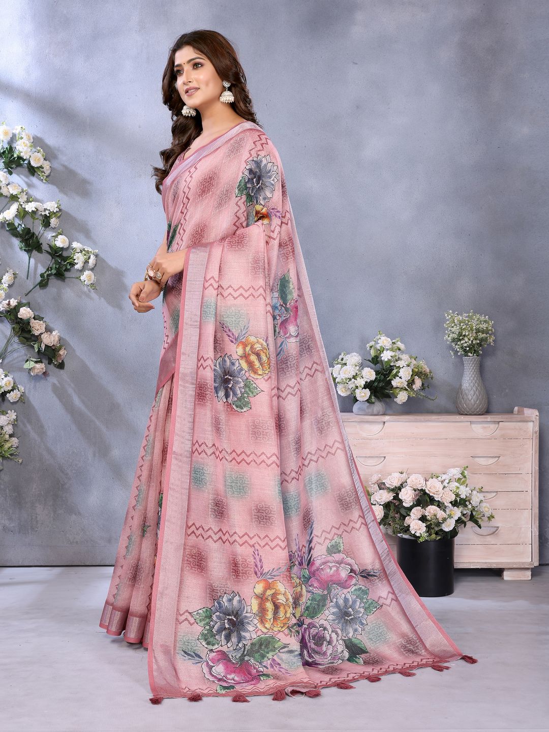 Blush Pink Floral Printed Shimmer Linen Cotton Saree