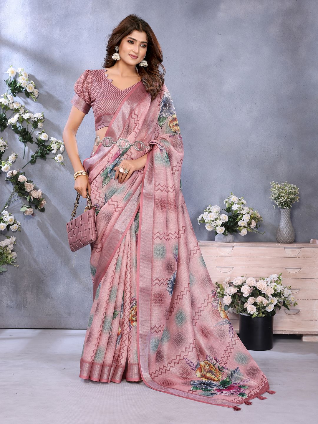 Blush Pink Floral Printed Shimmer Linen Cotton Saree
