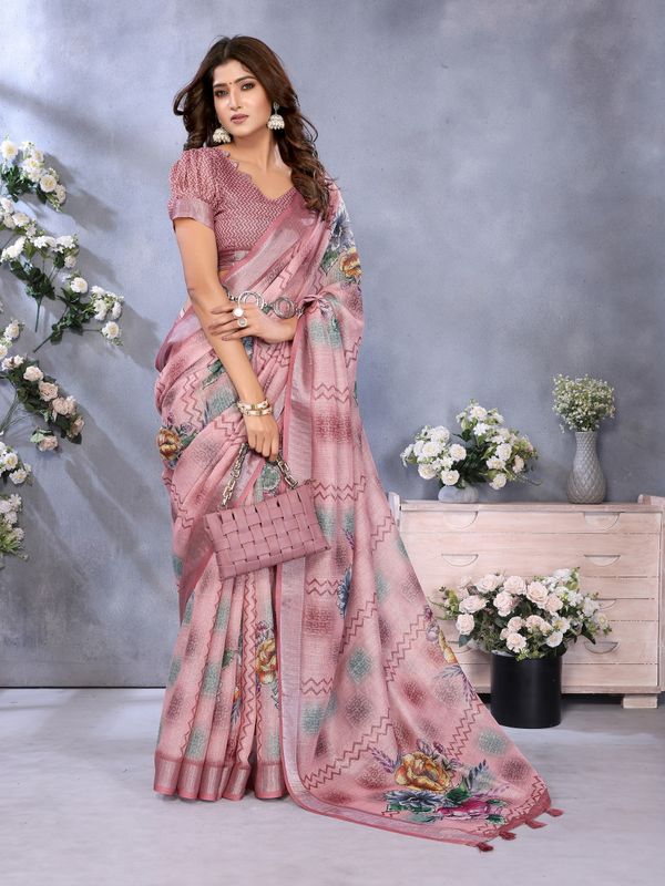 Blush Pink Floral Printed Shimmer Linen Cotton Saree
