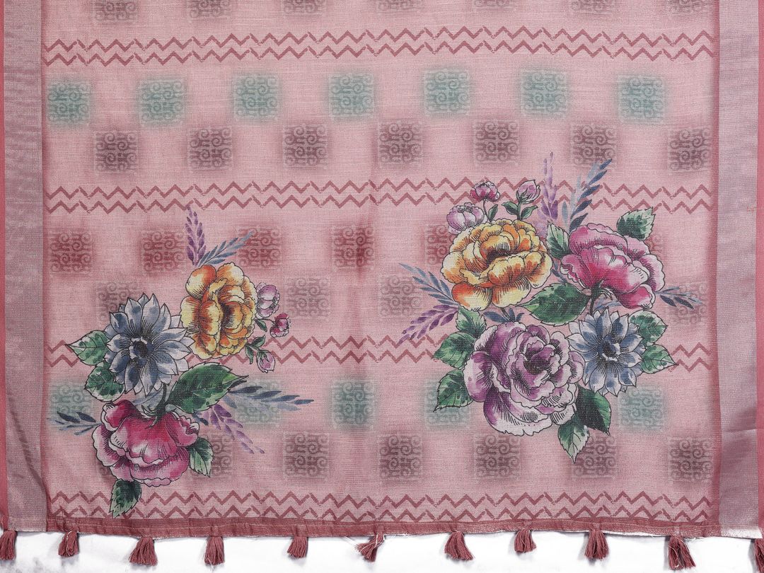 Blush Pink Floral Printed Shimmer Linen Cotton Saree