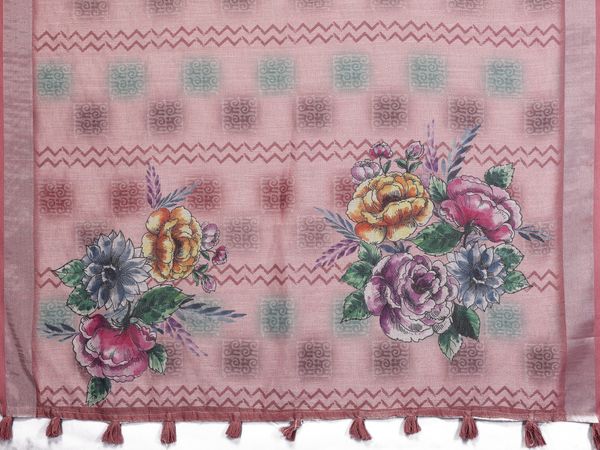 Blush Pink Floral Printed Shimmer Linen Cotton Saree