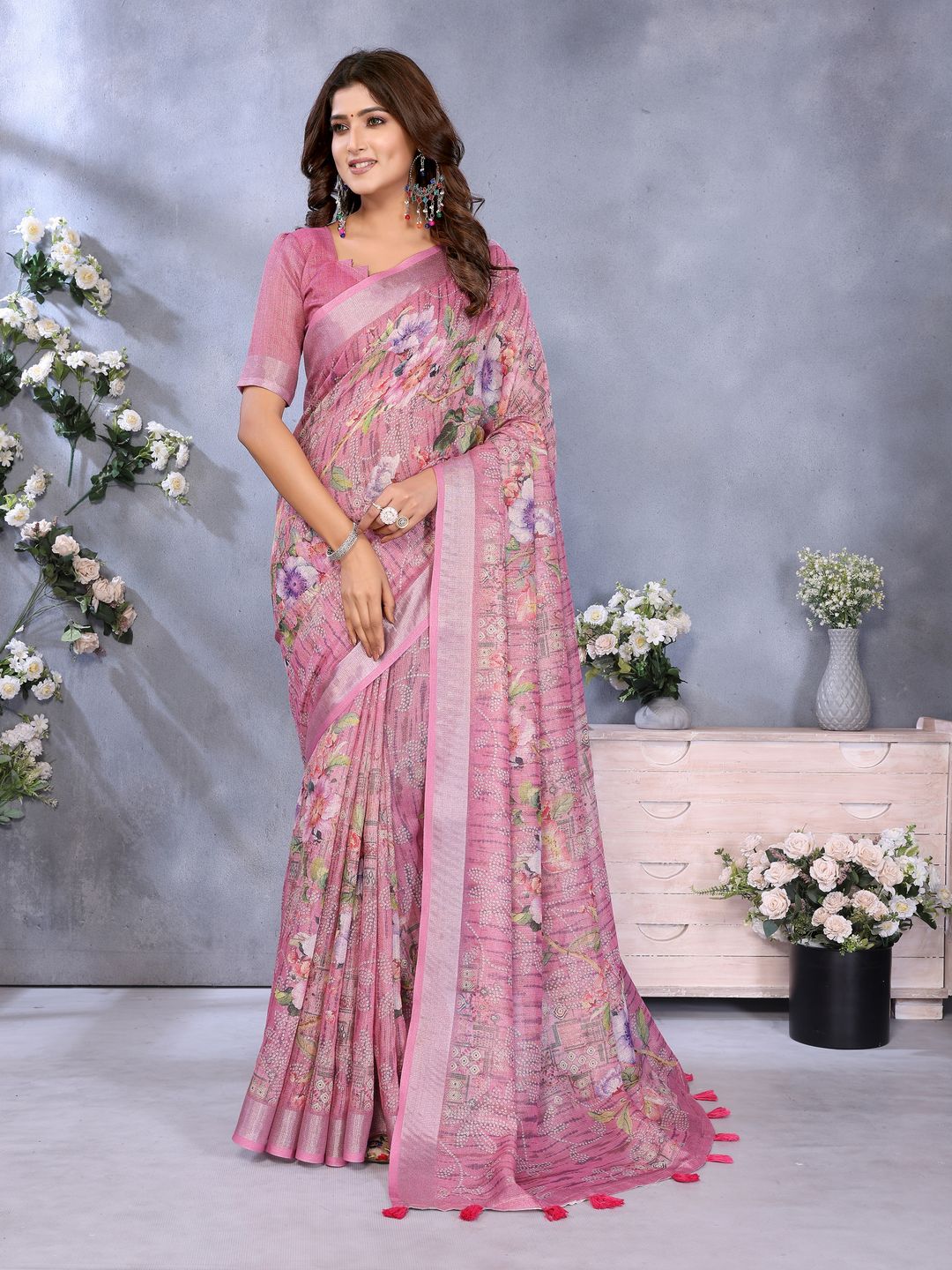 Buy Rose Pink Floral Printed Linen Cotton Saree for Women
