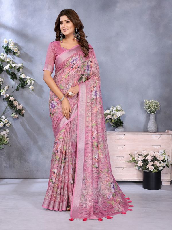 Buy Rose Pink Floral Printed Linen Cotton Saree for Women