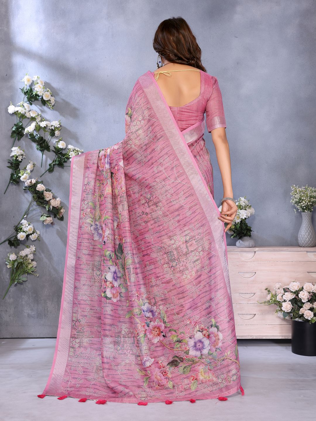 Buy Rose Pink Floral Printed Linen Cotton Saree for Women
