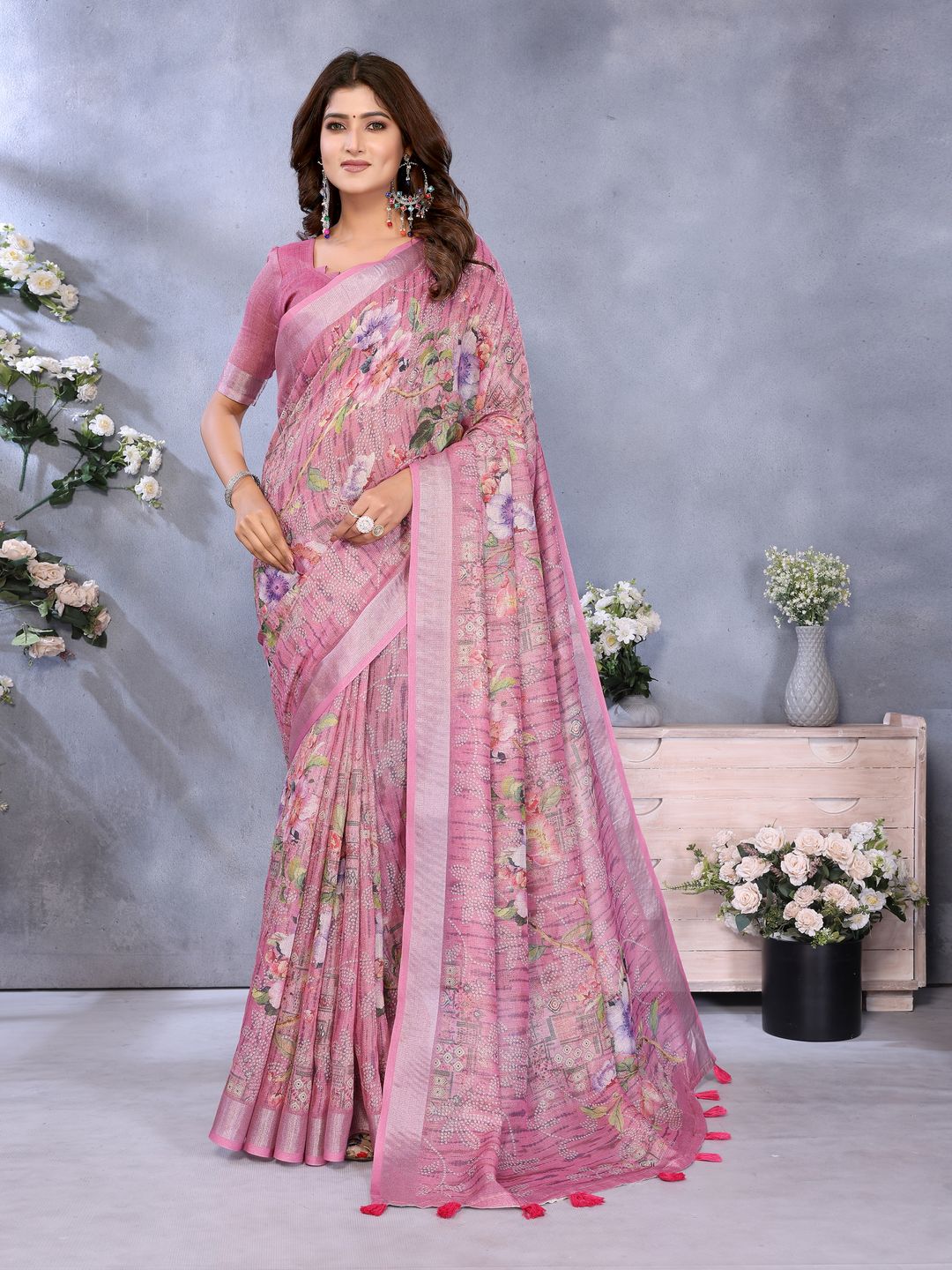 Buy Rose Pink Floral Printed Linen Cotton Saree for Women