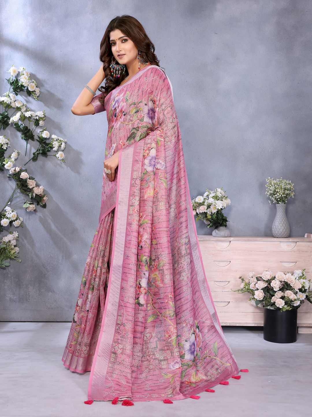 Buy Rose Pink Floral Printed Linen Cotton Saree for Women