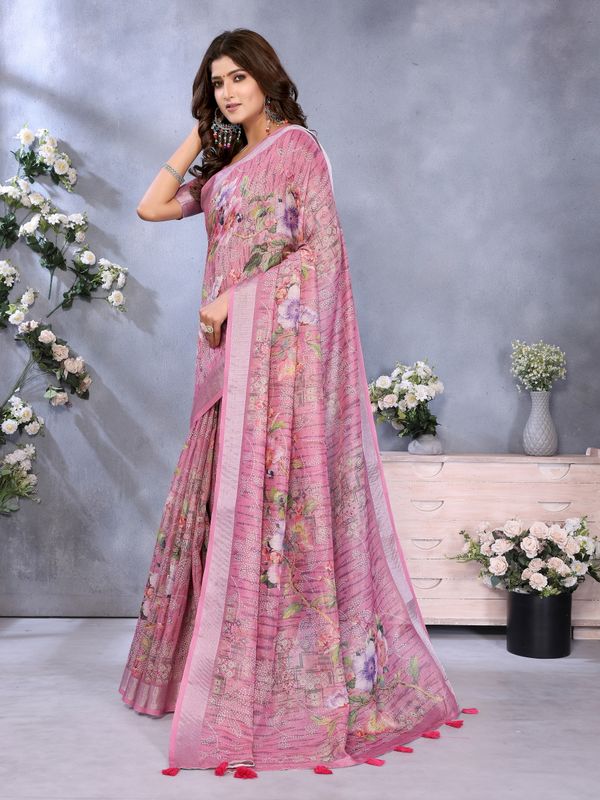 Buy Rose Pink Floral Printed Linen Cotton Saree for Women