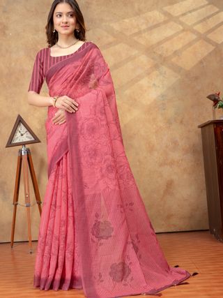 Rose Pink Floral Printed Saree with Striped Border