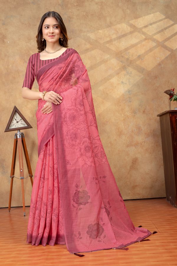 Rose Pink Floral Printed Saree with Striped Border