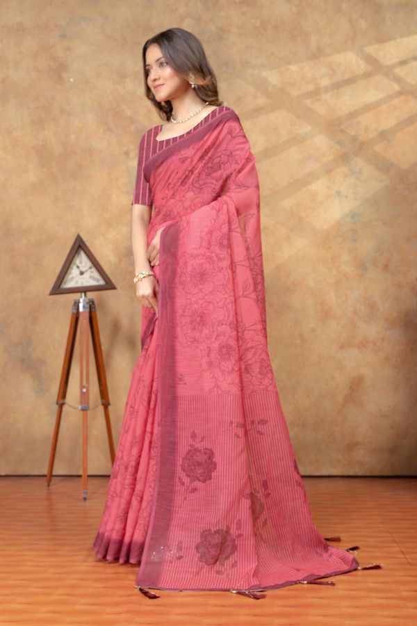 Rose Pink Floral Printed Saree with Striped Border
