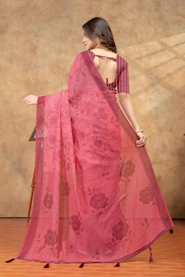 Rose Pink Floral Printed Saree with Striped Border