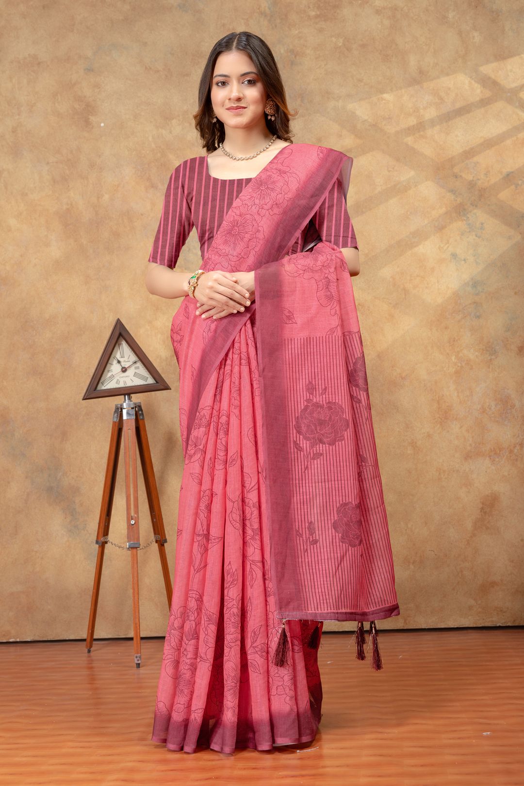 Rose Pink Floral Printed Saree with Striped Border