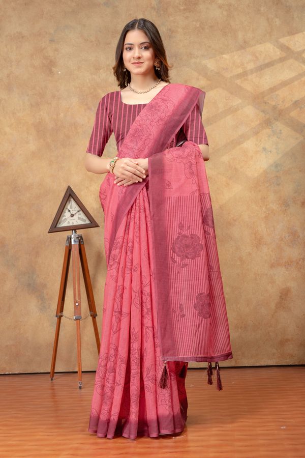 Rose Pink Floral Printed Saree with Striped Border