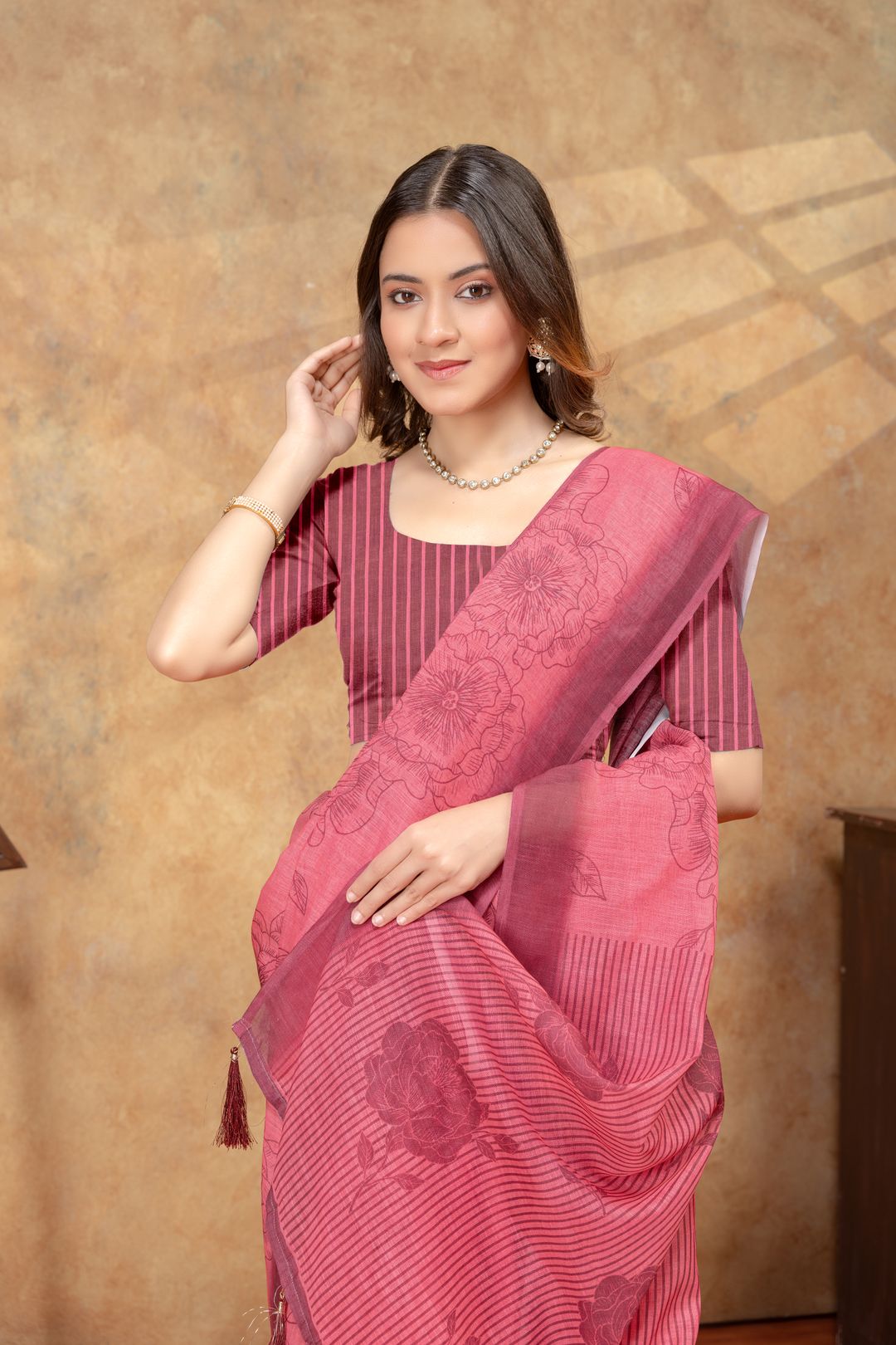 Rose Pink Floral Printed Saree with Striped Border
