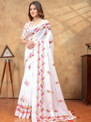 White Floral Printed Saree with Colorful Border