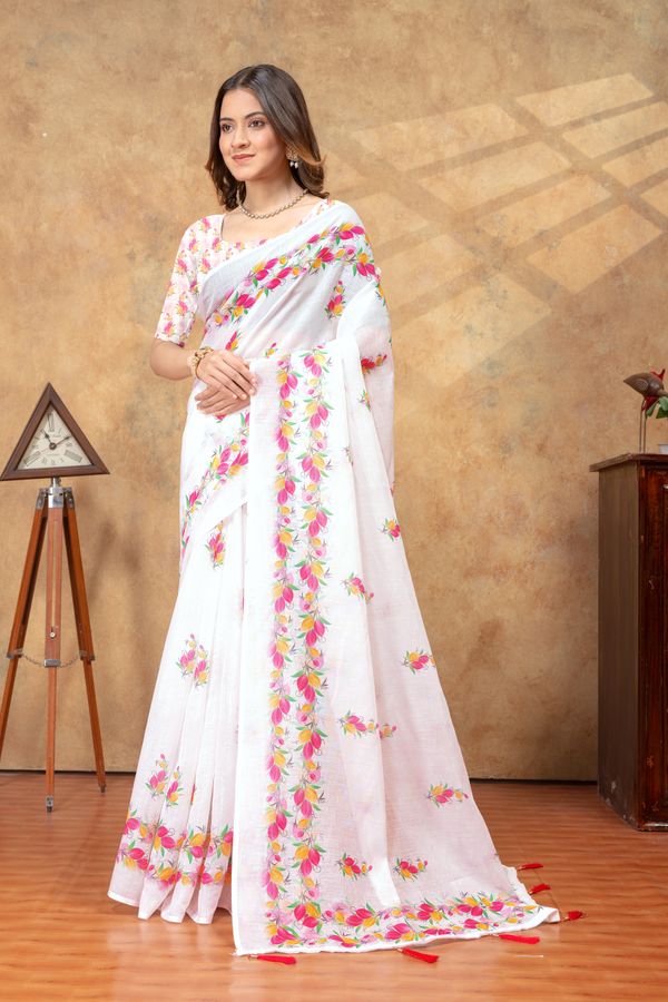White Floral Printed Saree with Colorful Border