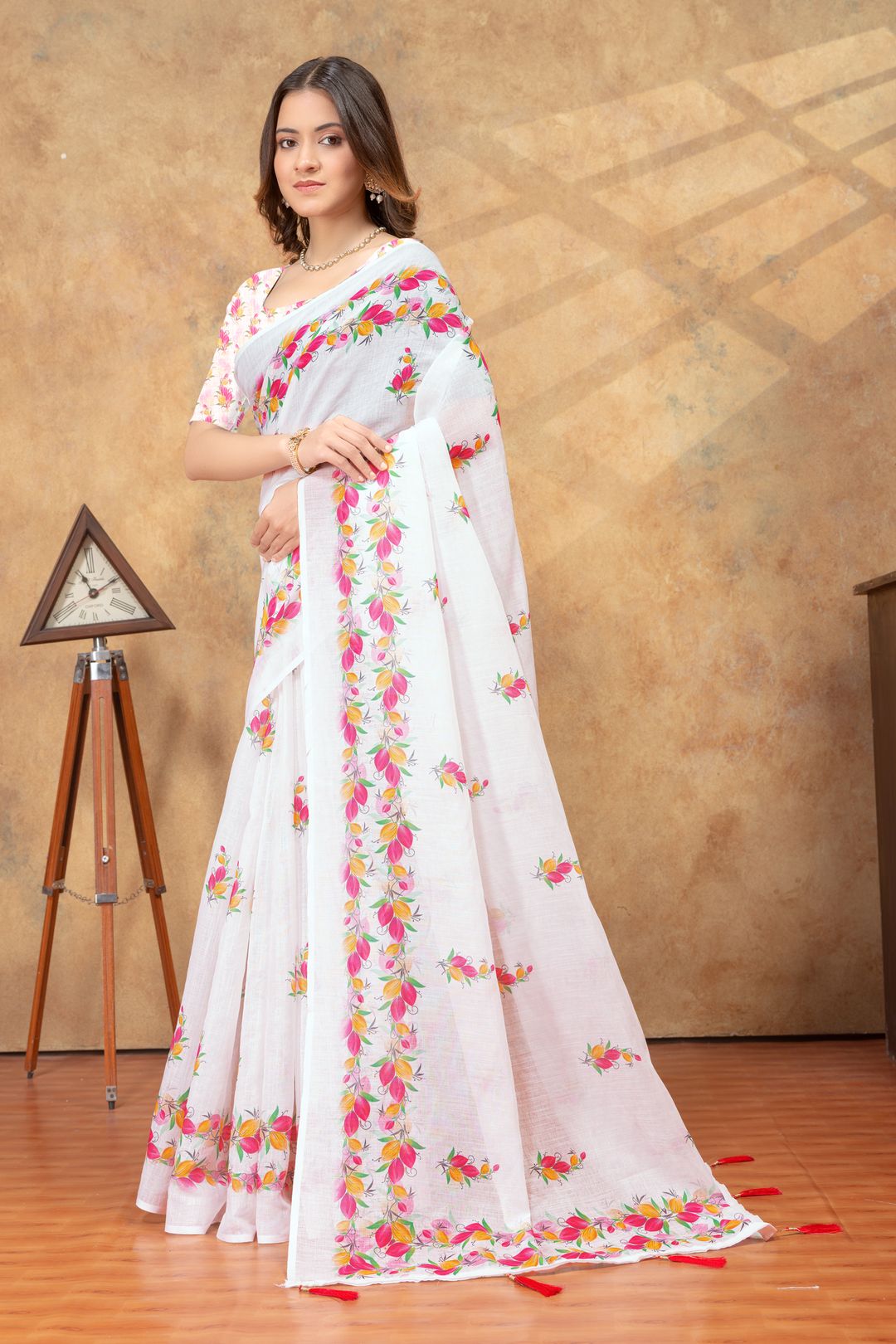 White Floral Printed Saree with Colorful Border