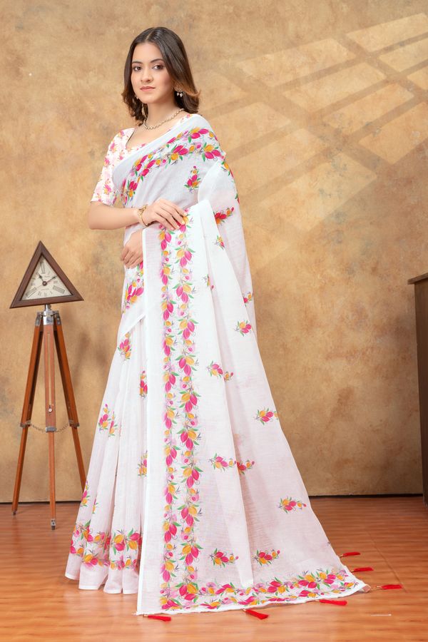 White Floral Printed Saree with Colorful Border
