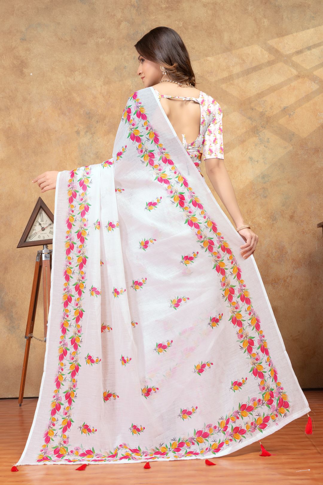 White Floral Printed Saree with Colorful Border