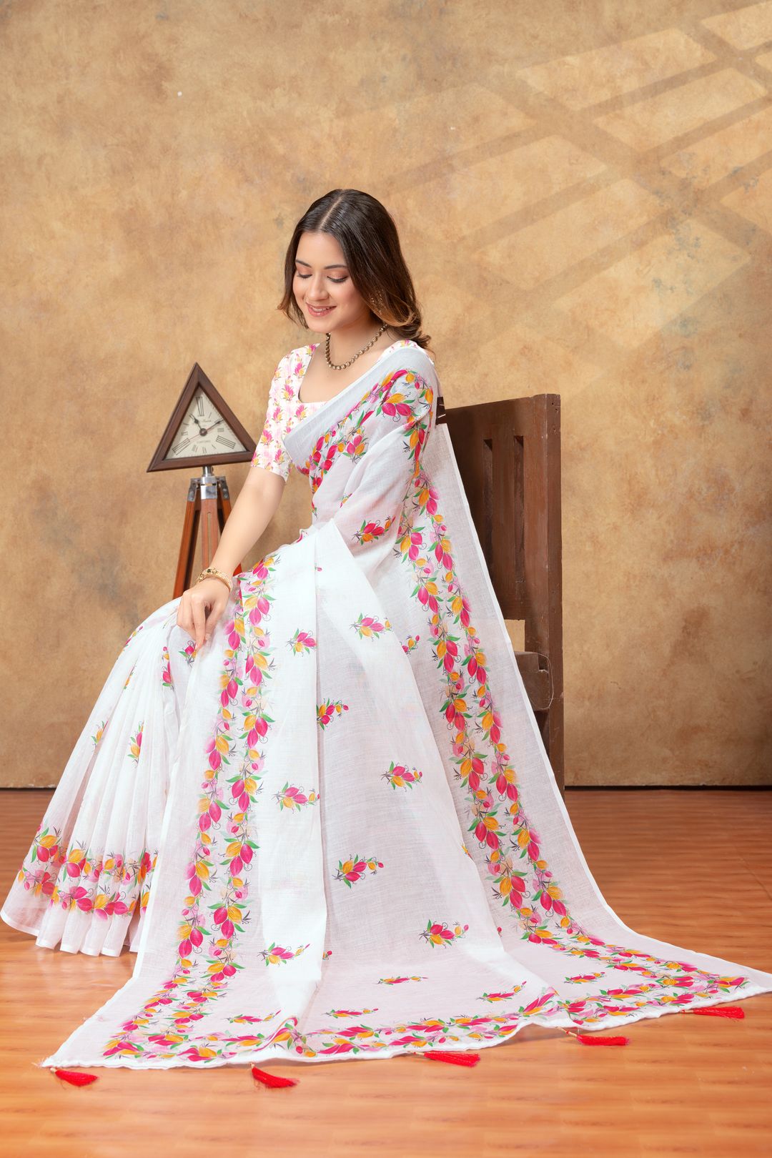 White Floral Printed Saree with Colorful Border