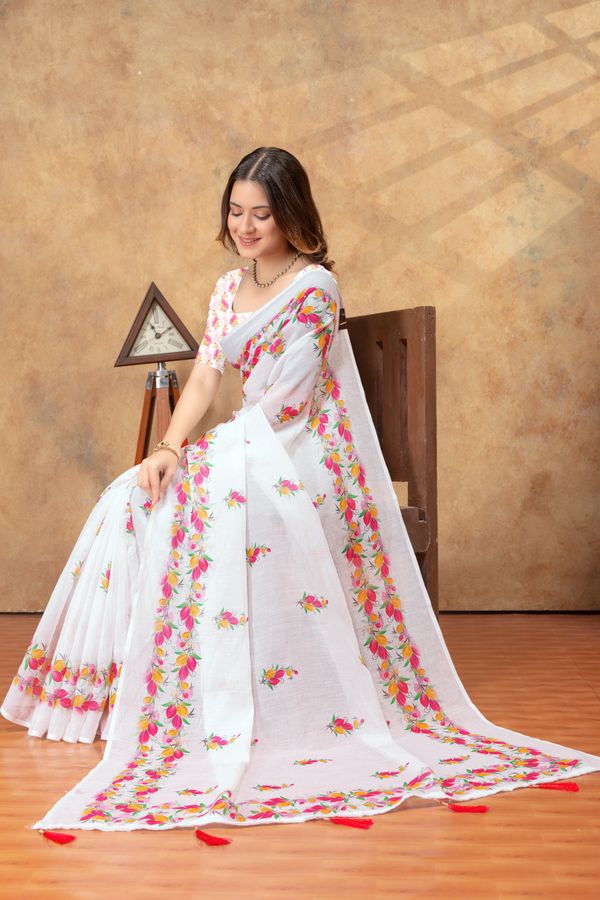 White Floral Printed Saree with Colorful Border