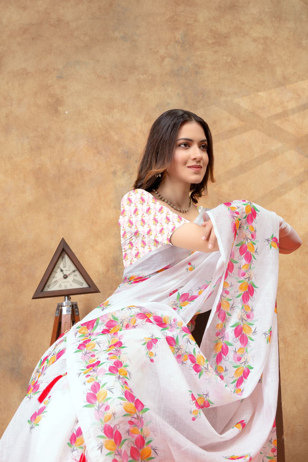 White Floral Printed Saree with Colorful Border