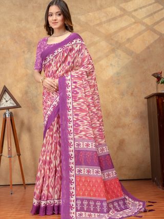 Purple Pink Ikat Print Saree with Decorative Border