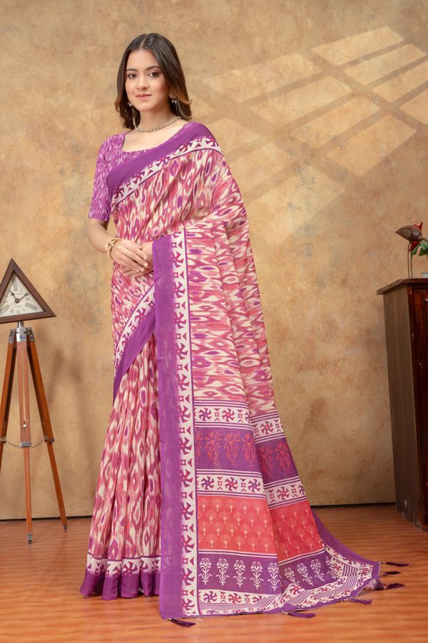 Purple Pink Ikat Print Saree with Decorative Border