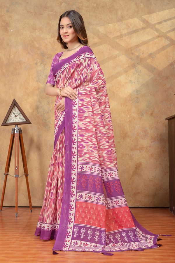 Purple Pink Ikat Print Saree with Decorative Border