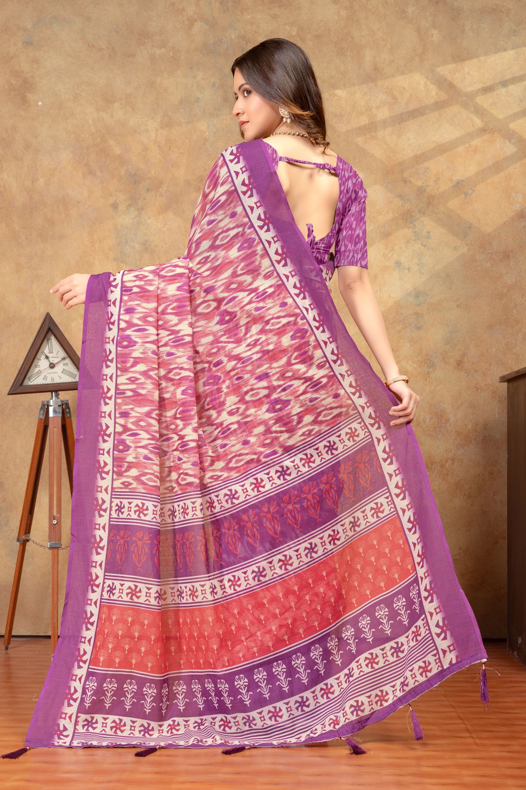 Purple Pink Ikat Print Saree with Decorative Border