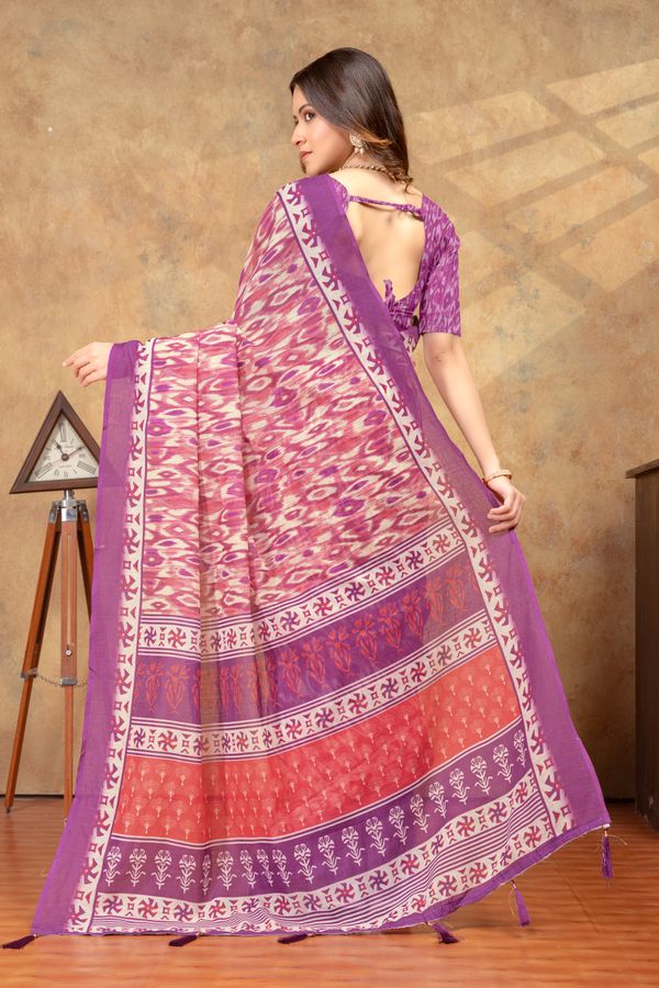 Purple Pink Ikat Print Saree with Decorative Border