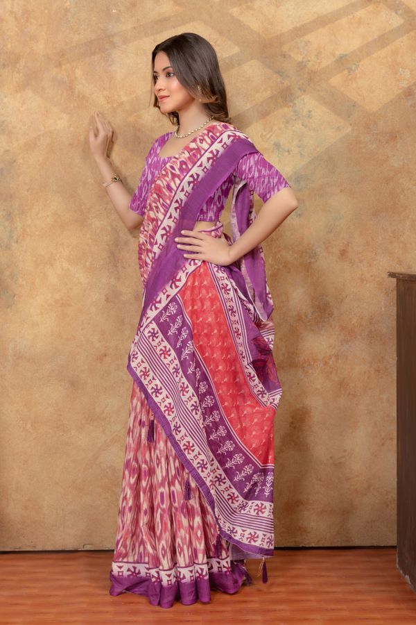 Purple Pink Ikat Print Saree with Decorative Border