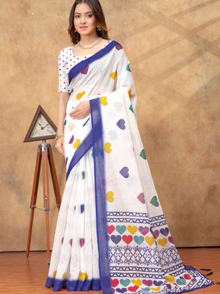 White Heart Print Saree with Blue Geometric Border