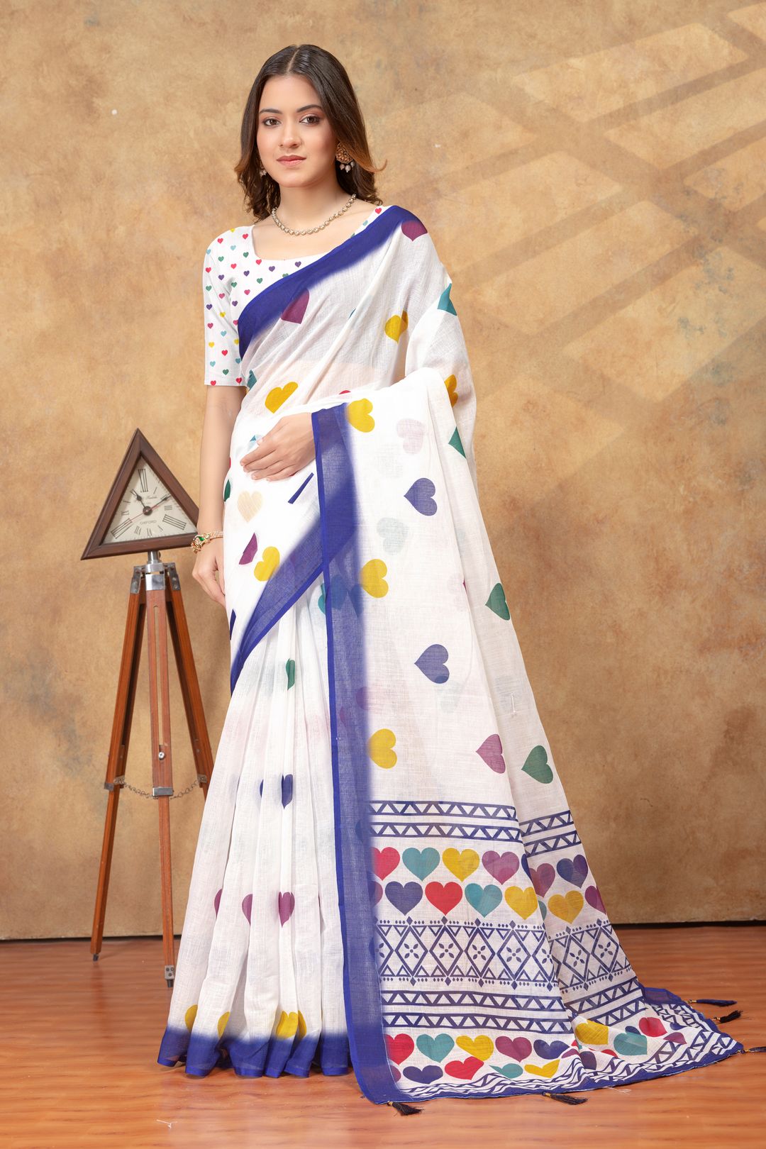 White Heart Print Saree with Blue Geometric Border