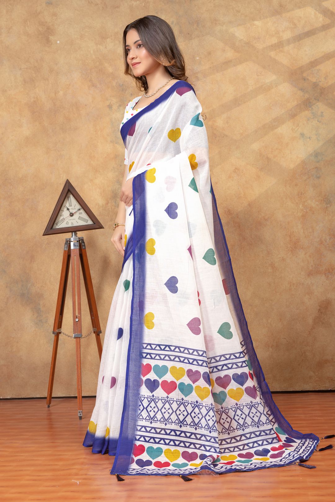 White Heart Print Saree with Blue Geometric Border