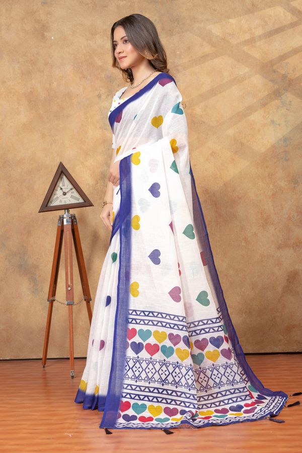 White Heart Print Saree with Blue Geometric Border