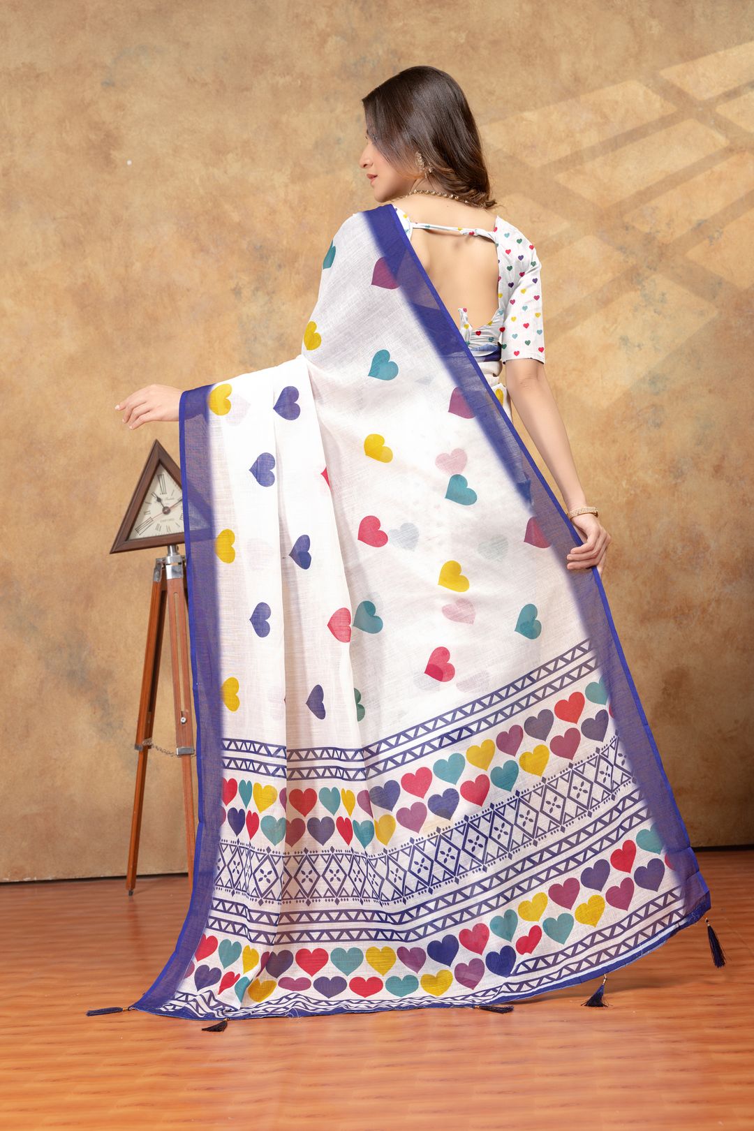White Heart Print Saree with Blue Geometric Border