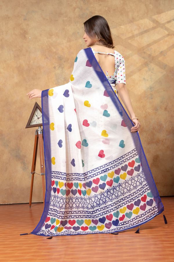 White Heart Print Saree with Blue Geometric Border