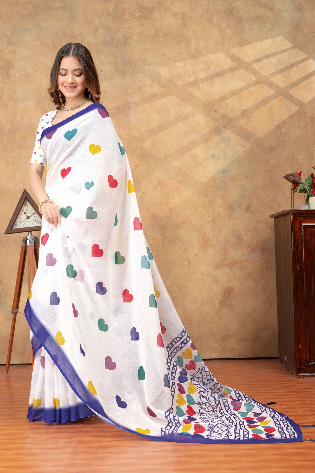 White Heart Print Saree with Blue Geometric Border