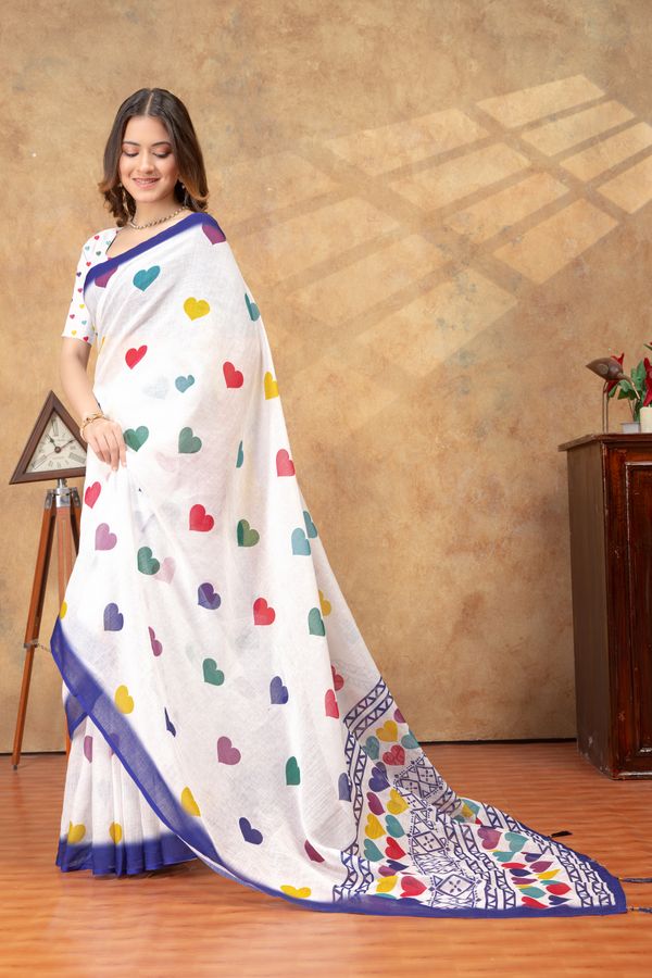 White Heart Print Saree with Blue Geometric Border