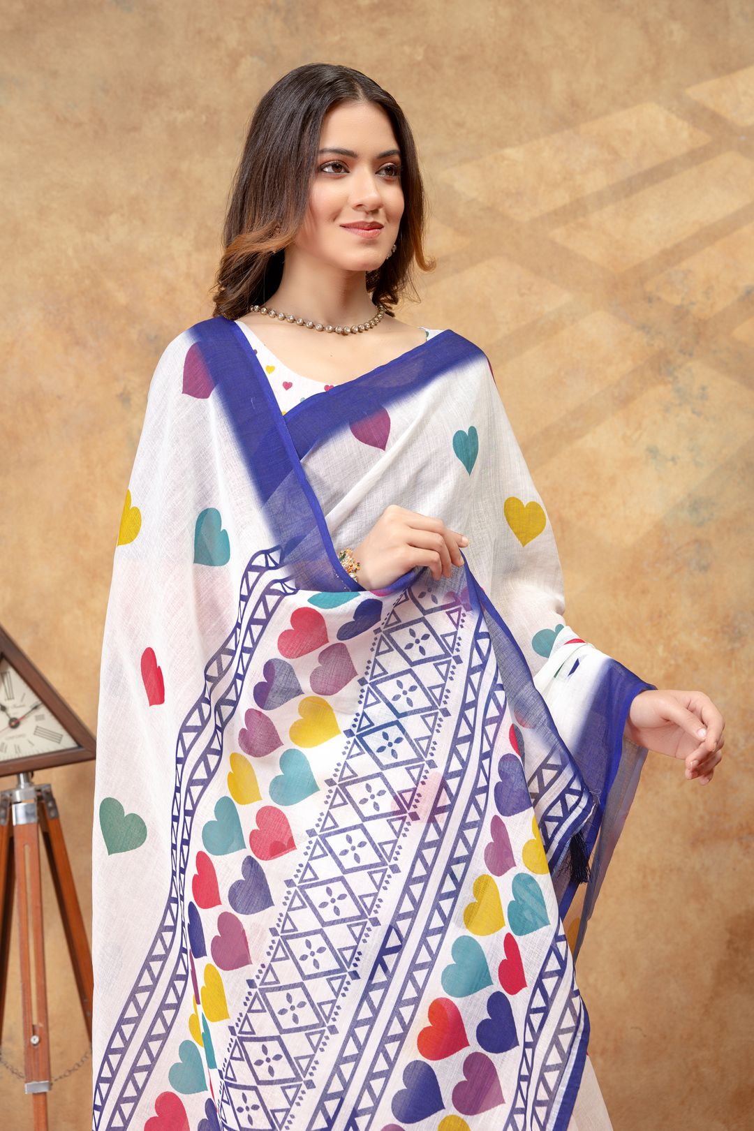 White Heart Print Saree with Blue Geometric Border