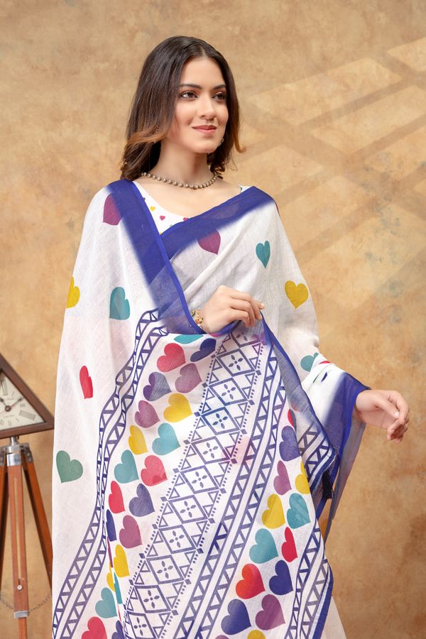 White Heart Print Saree with Blue Geometric Border