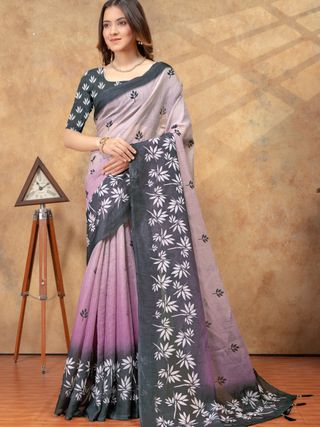 Lavender Leaf Print Saree with Charcoal Floral Border