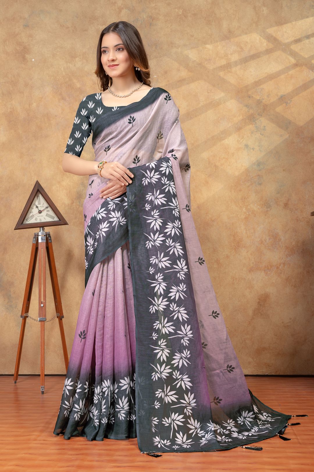 Lavender Leaf Print Saree with Charcoal Floral Border