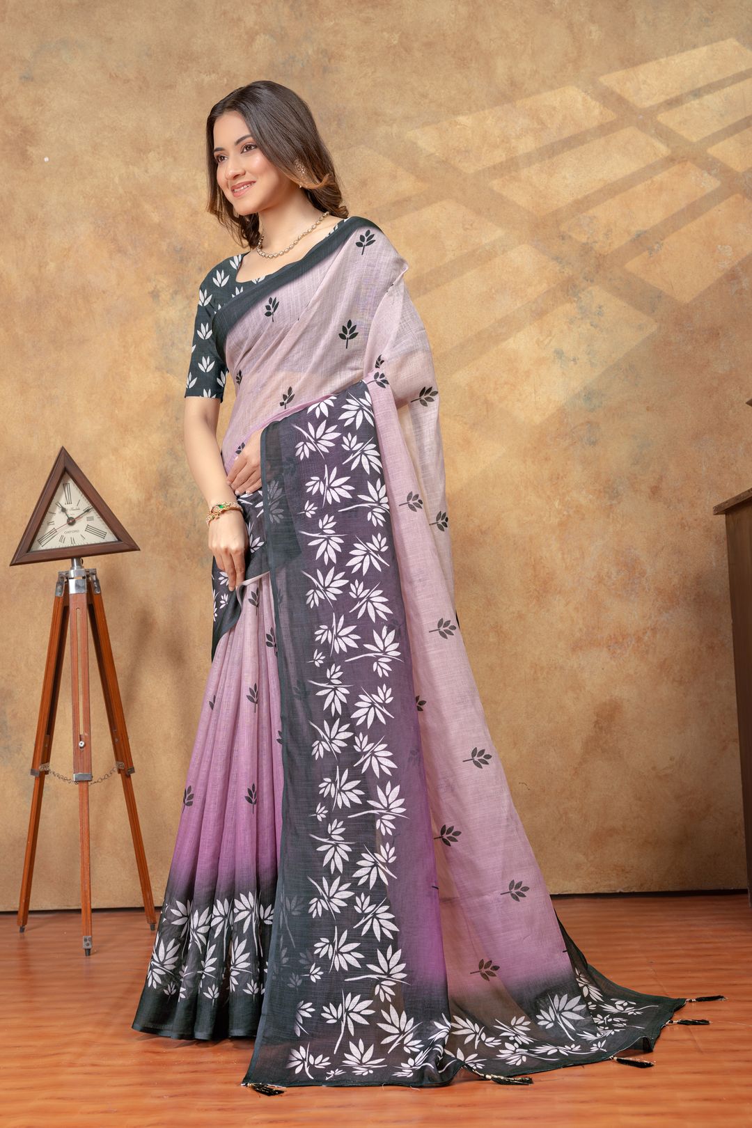 Lavender Leaf Print Saree with Charcoal Floral Border