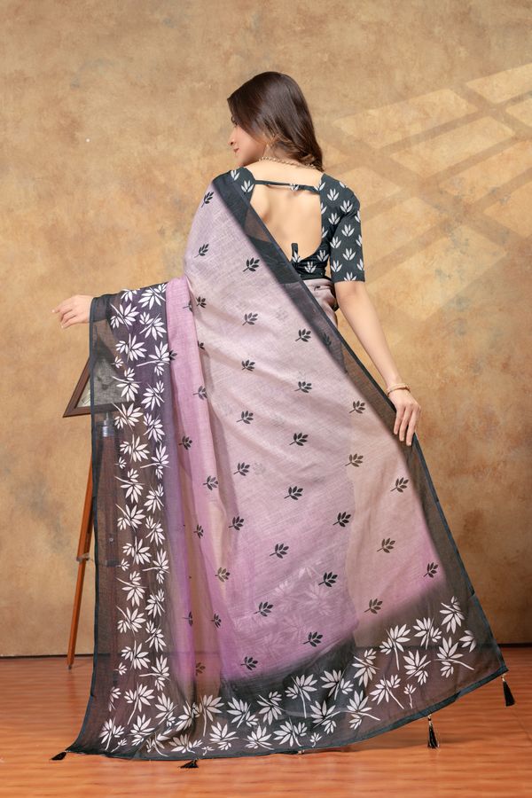 Lavender Leaf Print Saree with Charcoal Floral Border