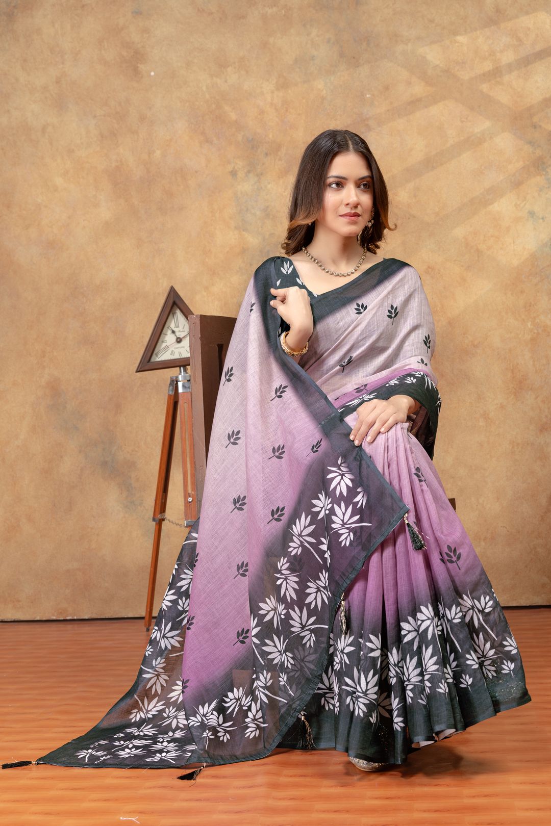 Lavender Leaf Print Saree with Charcoal Floral Border