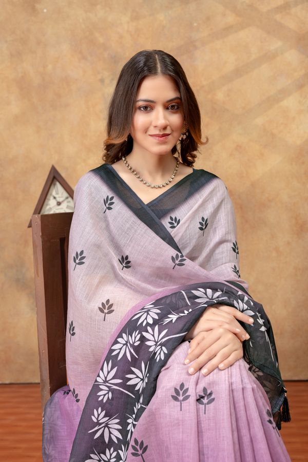 Lavender Leaf Print Saree with Charcoal Floral Border